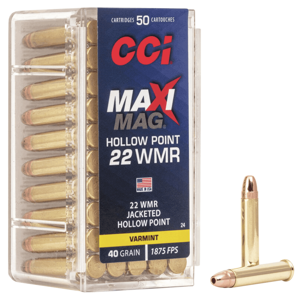 CCI 0024 Maxi-Mag Rimfire 22 WMR 40 gr Jacket Hollow Point 50 Per Box/ 40 Case CCI 0024 Maxi-Mag Rimfire 22 WMR 40 gr Jacket Hollow Point 50 Per Box/ 40 Case