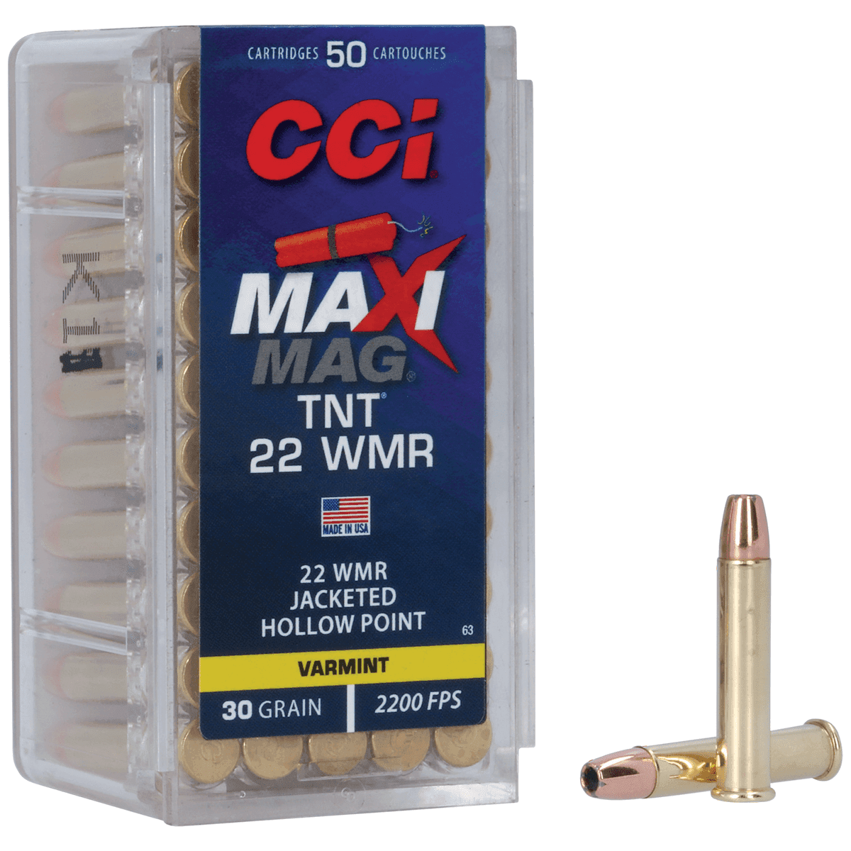 CCI 0063 Maxi-Mag TNT 22 WMR 30 gr TNT Jacketed Hollow Point 50 Per Box/ 40 Case CCI 0063 Maxi-Mag TNT 22 WMR 30 gr TNT Jacketed Hollow Point 50 Per Box/ 40 Case