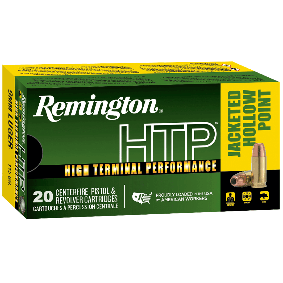 Remington HTP 9mm Luger 115 gr Jacketed Hollow Point 20 Per Box Handgun Ammo Remington HTP 9mm Luger 115 gr Jacketed Hollow Point 20 Per Box Handgun Ammo