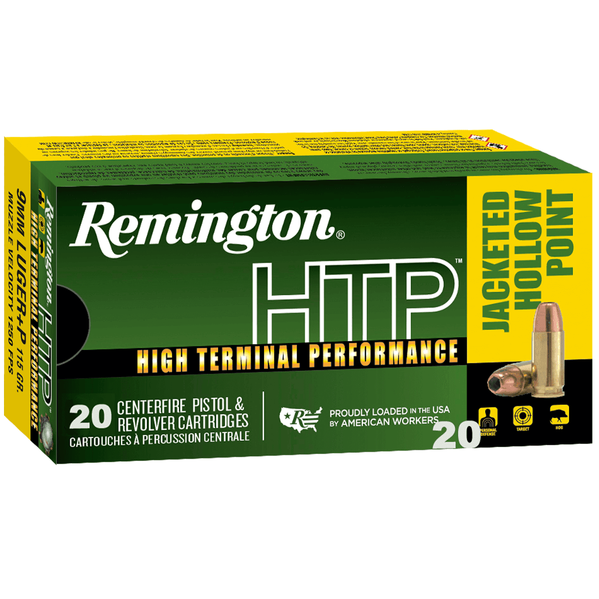Remington HTP 9mm Luger 115 gr +P Jacketed Hollow Point 20 Per Box Handgun Ammo Remington HTP 9mm Luger 115 gr +P Jacketed Hollow Point 20 Per Box Handgun Ammo