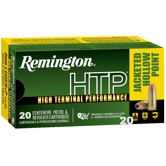 Remington HTP 9mm Luger 115 gr +P Jacketed Hollow Point 20 Per Box Handgun Ammo Remington HTP 9mm Luger 115 gr +P Jacketed Hollow Point 20 Per Box Handgun Ammo