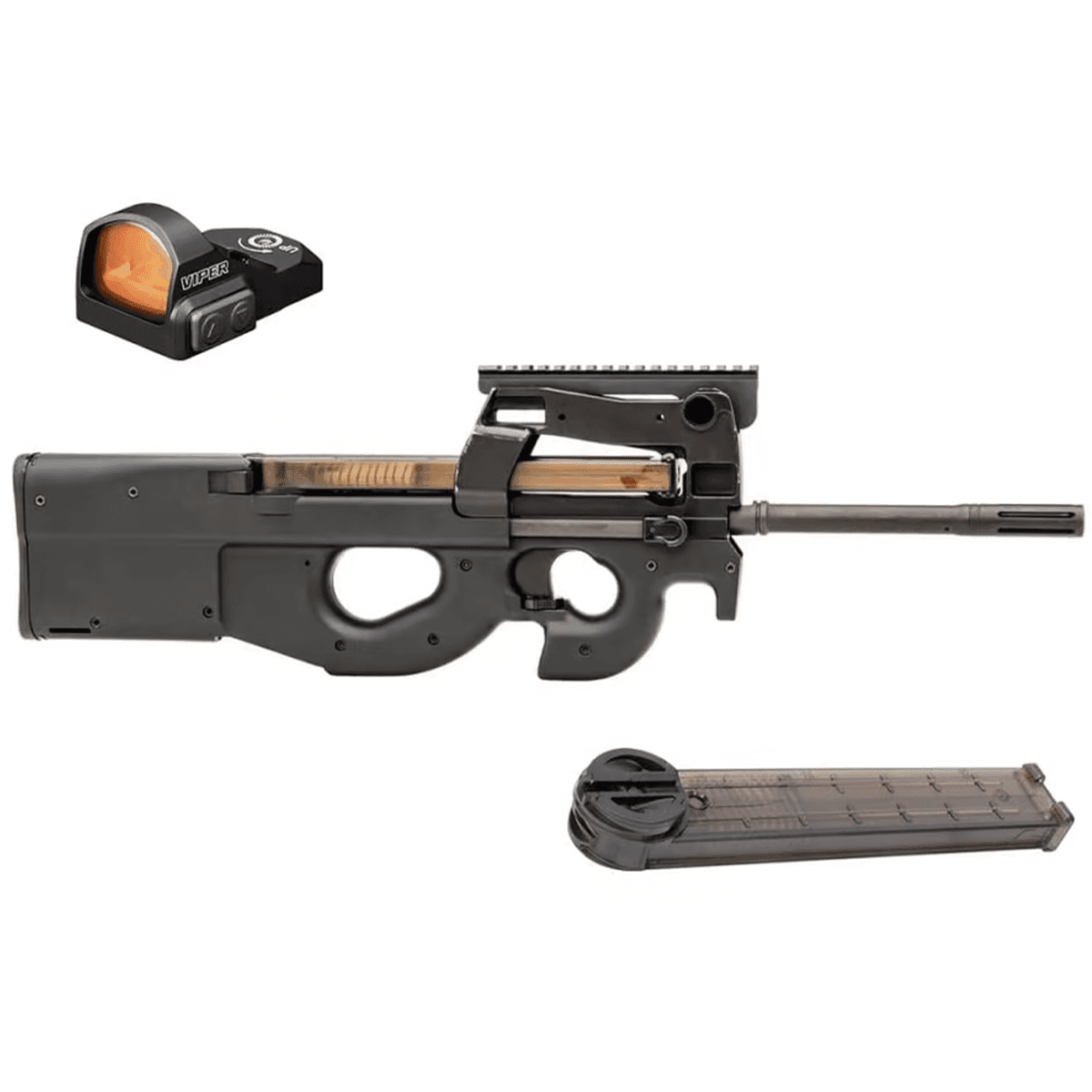 FN PS90 5.7x28mm Matte Black Synthetic Thumbhole Bullpup Stock, Integrated Muzzle Brake, Free Vortex Viper Red Dot FN PS90 5.7x28mm Matte Black Synthetic Thumbhole Bullpup Stock, Integrated Muzzle Brake, Free Vortex Viper Red Dot