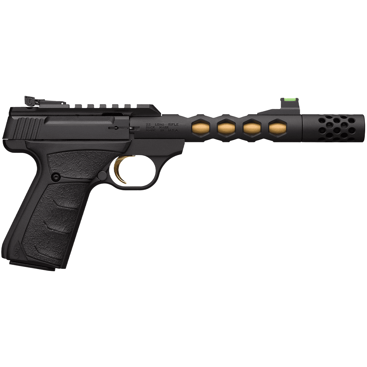 Browning 051573490 Buck Mark Plus Vision SR 22 LR 10+1 5.87" Black Anodized/Gold Cerakote/SR/Threaded Barrel, Matte Black Serrated Steel/Optic Ready Slide & Aluminum Frame Black Ultragrip FX Grip Browning 051573490 Buck Mark Plus Vision SR 22 LR 10+1 5.87" Black Anodized/Gold Cerakote/SR/Threaded Barrel, Matte Black Serrated Steel/Optic Ready Slide & Aluminum Frame Black Ultragrip FX Grip