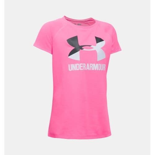 Girl's UA Solid Big Logo Short Sleeve Tee in Pink Girl's UA Solid Big Logo Short Sleeve Tee in Pink