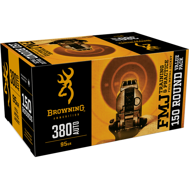 Browning Ammo 380 Automatic FMJ 95 Grain Bulk Pack 150 Round Box Browning Ammo 380 Automatic FMJ 95 Grain Bulk Pack 150 Round Box