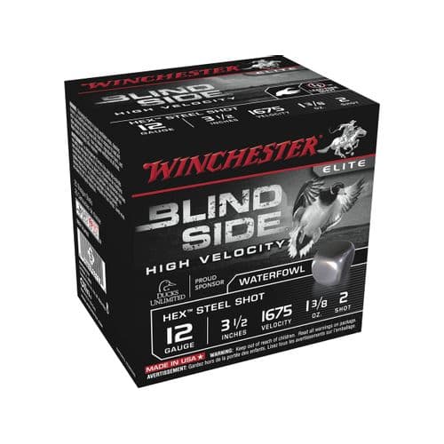 Winchester Blind Side High Velocity Ammunition 12 Gauge 3-1/2" 1-3/8 oz #2 Non-Toxic Steel Shot Box of 25 Winchester Blind Side High Velocity Ammunition 12 Gauge 3-1/2" 1-3/8 oz #2 Non-Toxic Steel Shot Box of 25