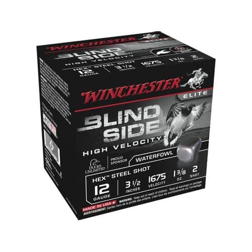 Winchester Blind Side High Velocity Ammunition 12 Gauge 3-1/2" 1-3/8 oz #2 Non-Toxic Steel Shot Box of 25 Winchester Blind Side High Velocity Ammunition 12 Gauge 3-1/2" 1-3/8 oz #2 Non-Toxic Steel Shot Box of 25