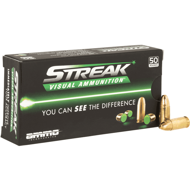 Ammo Inc Streak Visual GREEN 9mm Luger 115 gr Total Metal Case 50 Per Box Ammo Inc Streak Visual GREEN 9mm Luger 115 gr Total Metal Case 50 Per Box