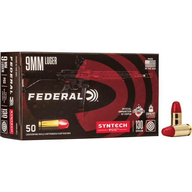 Federal American Eagle Syntech PCC 9mm Luger 130 gr Total Syntech Jacket Flat Nose 50 Per Box Federal American Eagle Syntech PCC 9mm Luger 130 gr Total Syntech Jacket Flat Nose 50 Per Box