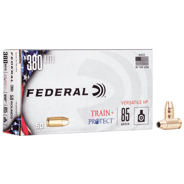 Federal Train + Protect 380 ACP 85 gr Versatile Hollow Point 50 Per Box Federal Train + Protect 380 ACP 85 gr Versatile Hollow Point 50 Per Box