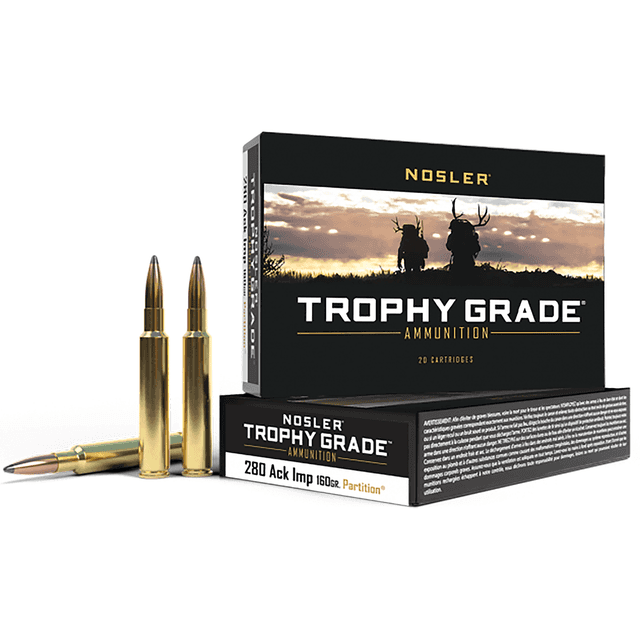 Nosler Trophy Grade 280 Ackley Improved 160 gr Nosler Spitzer Partition 20 Per Box Nosler Trophy Grade 280 Ackley Improved 160 gr Nosler Spitzer Partition 20 Per Box