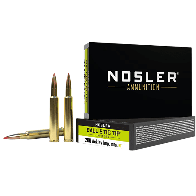 Nosler Ballistic Tip 280 Ackley Improved 140 gr Spitzer Ballistic Tip 20 Per Box Nosler Ballistic Tip 280 Ackley Improved 140 gr Spitzer Ballistic Tip 20 Per Box