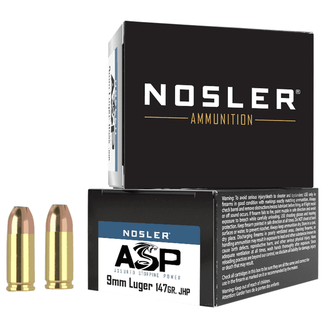 Nosler Assured Stopping Power Handgun 9mm Luger 147 gr Jacket Hollow Point 20 Per Box Nosler Assured Stopping Power Handgun 9mm Luger 147 gr Jacket Hollow Point 20 Per Box