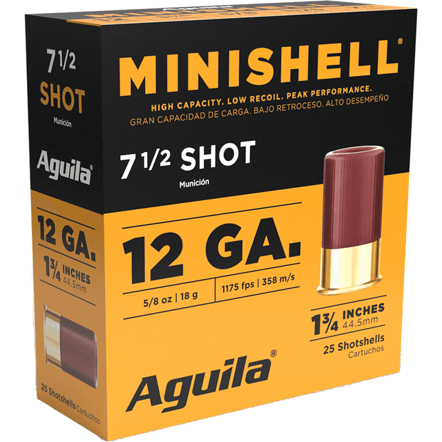 Aguila Minishell 12 Gauge 1.75" 5/8 oz 7.5 Shot 25 Per Box Aguila Minishell 12 Gauge 1.75" 5/8 oz 7.5 Shot 25 Per Box