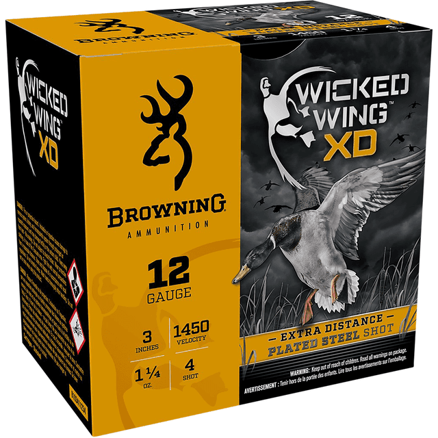 Browning Ammo Wicked Wing XD 12 Gauge 3" 1 1/4 oz 4 Shot 25 Per Box Browning Ammo Wicked Wing XD 12 Gauge 3" 1 1/4 oz 4 Shot 25 Per Box