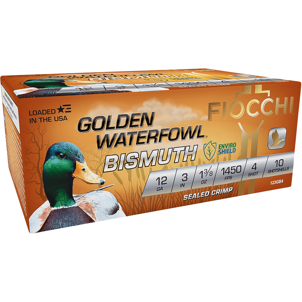 Fiocchi Golden Waterfowl Bismuth 12 Gauge 3" 1 3/8 oz 4 Shot 10 Per Box Fiocchi Golden Waterfowl Bismuth 12 Gauge 3" 1 3/8 oz 4 Shot 10 Per Box