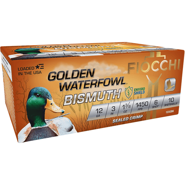 Fiocchi Golden Waterfowl Bismuth 12 Gauge 3" 1 3/8 oz 6 Shot 10 Per Box Fiocchi Golden Waterfowl Bismuth 12 Gauge 3" 1 3/8 oz 6 Shot 10 Per Box