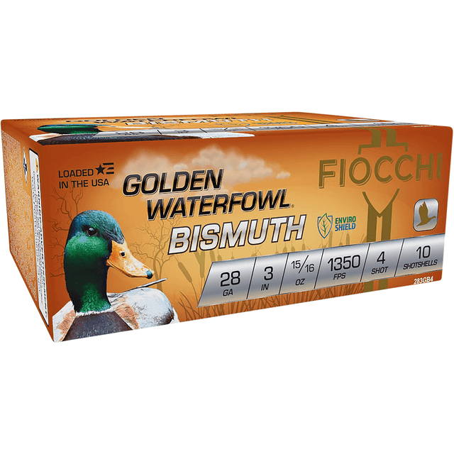 Fiocchi Golden Waterfowl Bismuth 28 Gauge 3" 15/16 oz 4 Shot 10 Per Box Fiocchi Golden Waterfowl Bismuth 28 Gauge 3" 15/16 oz 4 Shot 10 Per Box