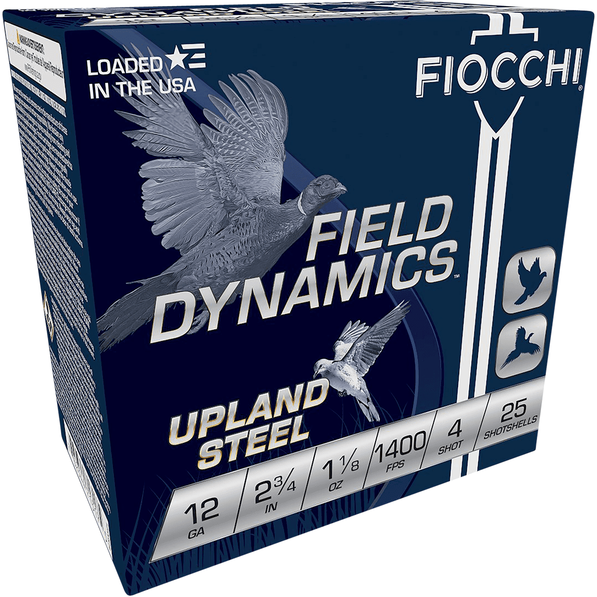 Fiocchi Field Dynamics Upland Steel 12 Gauge 2.75" 1 1/8 oz 4 Shot 25 Per Box Fiocchi Field Dynamics Upland Steel 12 Gauge 2.75" 1 1/8 oz 4 Shot 25 Per Box