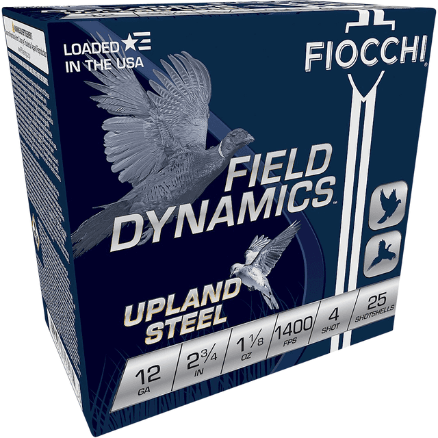 Fiocchi Field Dynamics Upland Steel 12 Gauge 2.75" 1 1/8 oz 4 Shot 25 Per Box Fiocchi Field Dynamics Upland Steel 12 Gauge 2.75" 1 1/8 oz 4 Shot 25 Per Box