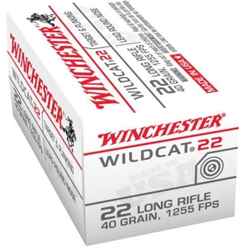 Winchester Wildcat Rimfire Ammunition WW22LR, 22 LR, Lead Round Nose (RN), 40 GR, 1255 fps, 500 Rd/bx Winchester Wildcat Rimfire Ammunition WW22LR, 22 LR, Lead Round Nose (RN), 40 GR, 1255 fps, 500 Rd/bx