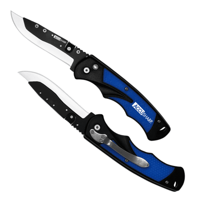 AccuSharp 743C Replaceable Blade Razor 3.50" Folding Plain Stainless Steel Blade/Royal Blue Ergonomic Anti-Slip Anodized Aluminum Handle/Includes 2 Replacement Blades/Belt Clip AccuSharp 743C Replaceable Blade Razor 3.50" Folding Plain Stainless Steel Blade/Royal Blue Ergonomic Anti-Slip Anodized Aluminum Handle/Includes 2 Replacement Blades/Belt Clip