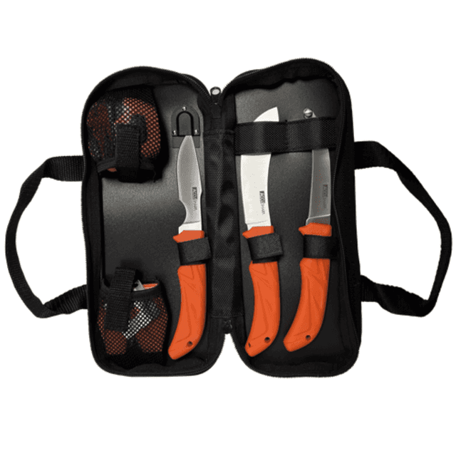 AccuSharp 738C Processing Kit Fixed Butcher/Caping/Gutting Plain Stainless Steel Blades/Blaze Orange Non-Slip Grip 6 Piece Includes Nylon Case AccuSharp 738C Processing Kit Fixed Butcher/Caping/Gutting Plain Stainless Steel Blades/Blaze Orange Non-Slip Grip 6 Piece Includes Nylon Case