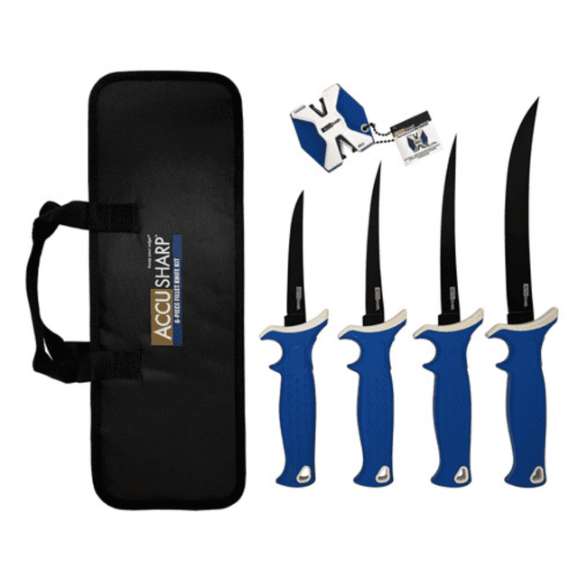 AccuSharp 737C Knife Kit 4.75/5.50/6.50/8" Fixed Fillet Plain Satin Stainless Steel Blade/ Blue Non-Slip Grip TPR Handle Includes 2-Step Sharpener AccuSharp 737C Knife Kit 4.75/5.50/6.50/8" Fixed Fillet Plain Satin Stainless Steel Blade/ Blue Non-Slip Grip TPR Handle Includes 2-Step Sharpener