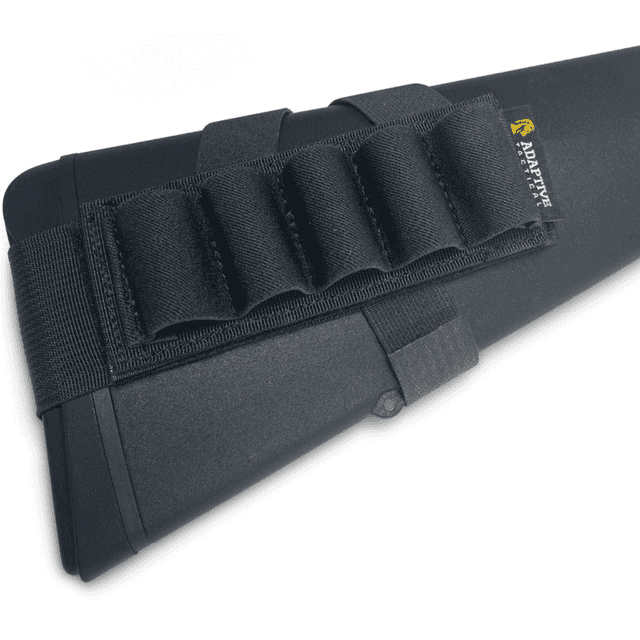 ADAPTIVE TACTICAL AT06400 Stock Mounted Shell Carrier 5rd Shotshells, Removable Black Nylon, Non Slip Loops, Adj. Stock Fit ADAPTIVE TACTICAL AT06400 Stock Mounted Shell Carrier 5rd Shotshells, Removable Black Nylon, Non Slip Loops, Adj. Stock Fit