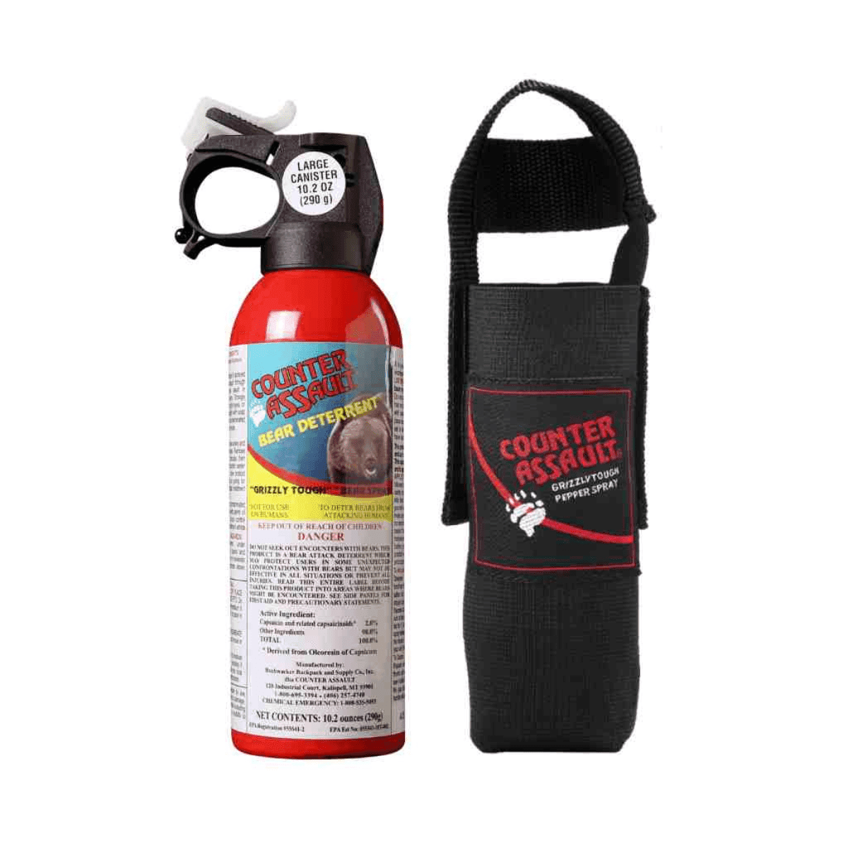 Counter Assault 15067027 Bear Spray Capsaicin Range 32 ft-7 Seconds/40 ft-8 Seconds 8.10 oz/10.20 oz 2 Cans, 2 Holsters Includes 2 Holsters Counter Assault 15067027 Bear Spray Capsaicin Range 32 ft-7 Seconds/40 ft-8 Seconds 8.10 oz/10.20 oz 2 Cans, 2 Holsters Includes 2 Holsters