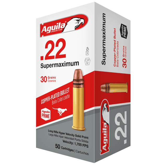 Aguila 1B220298 Supermaximum Rimfire 22 LR 30 gr Copper Plated Solid Point 50 Per Box/ 20 Case Aguila 1B220298 Supermaximum Rimfire 22 LR 30 gr Copper Plated Solid Point 50 Per Box/ 20 Case