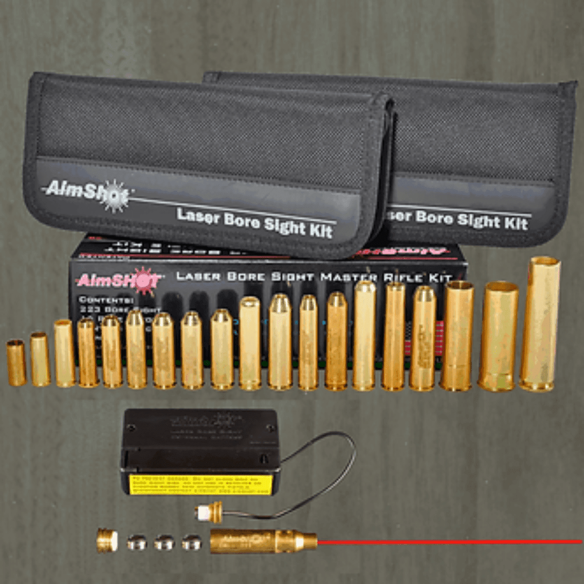 AimShot Master Kit Multi-Caliber Bore Sight with Red 650nM Laser, Uses L736 Button Cell Batteries & 2 AAA Batteries for Battery Pack for Rifles (Batteries Not Included) AimShot Master Kit Multi-Caliber Bore Sight with Red 650nM Laser, Uses L736 Button Cell Batteries & 2 AAA Batteries for Battery Pack for Rifles (Batteries Not Included)