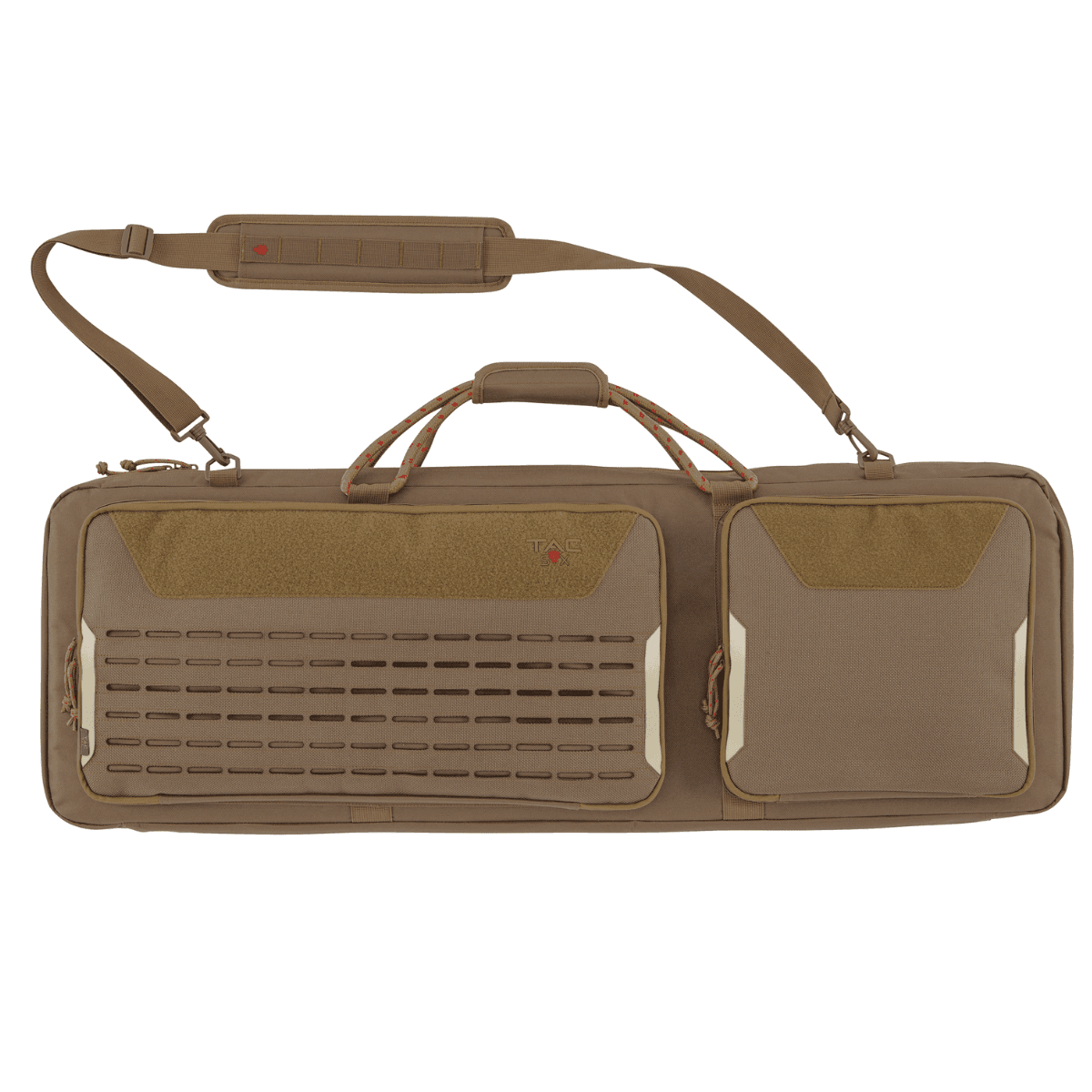 Tac Six 10828 Squad Tactical Case made of Coyote 600D Polyester with Lockable Zippers, MOLLE System, Rope Carry Handles, Elastic Loops, Storage Pockets & Detachable Shoulder Strap 38" L x 13" W x 4.50" H Interior Dimensions Tac Six 10828 Squad Tactical Case made of Coyote 600D Polyester with Lockable Zippers, MOLLE System, Rope Carry Handles, Elastic Loops, Storage Pockets & Detachable Shoulder Strap 38" L x 13" W x 4.50" H Interior Dimensions