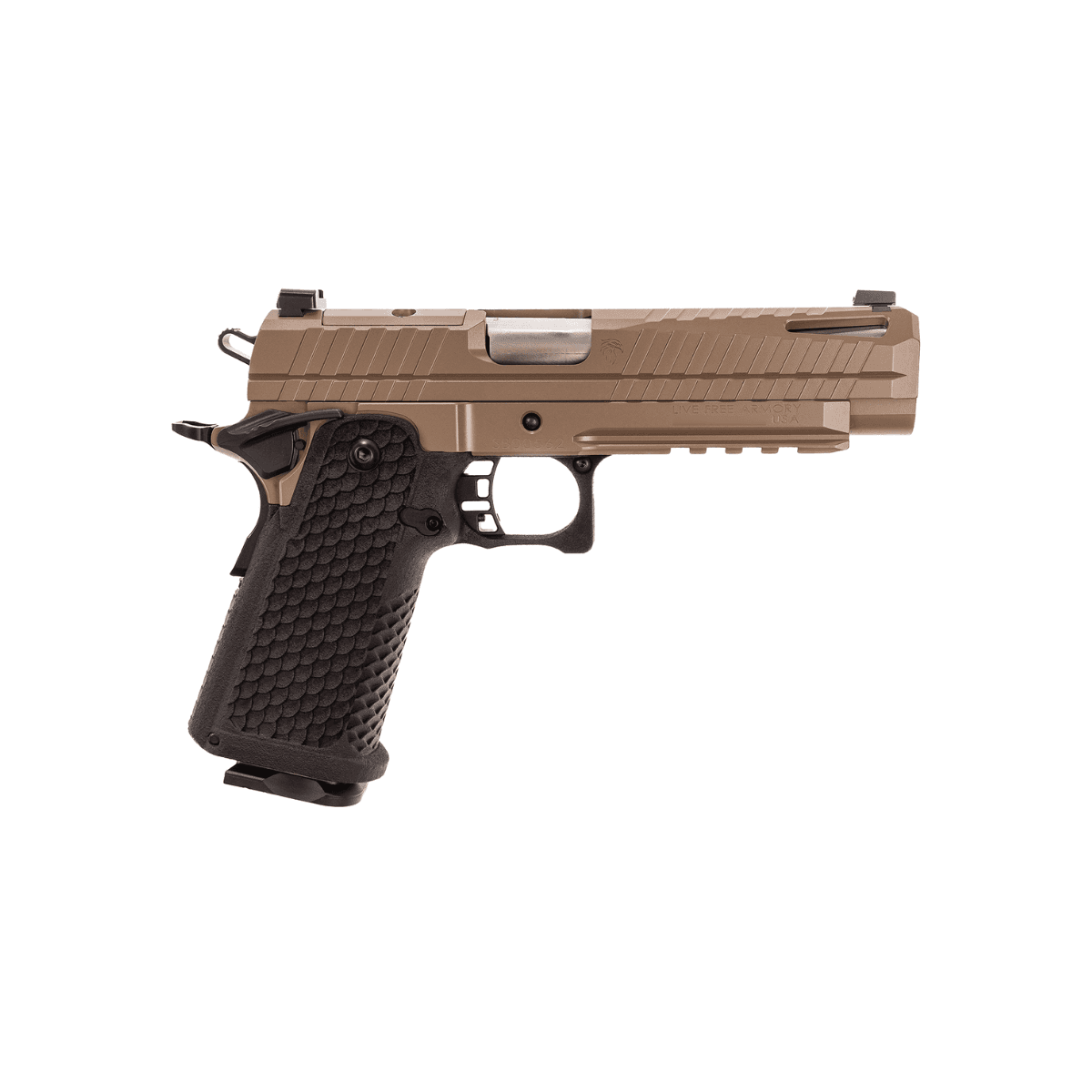 Live Free Armory LFAPF71202 Apollo 11 Full Size 9mm Luger 17+1 4.90" Stainless Match Grade Bull Barrel, Elite FDE Cerakote Optic Cut/Serrated Stainless Steel Slide, Elite FDE Cerakote Steel Frame w/Beavertail & Picatinny Rail Live Free Armory LFAPF71202 Apollo 11 Full Size 9mm Luger 17+1 4.90" Stainless Match Grade Bull Barrel, Elite FDE Cerakote Optic Cut/Serrated Stainless Steel Slide, Elite FDE Cerakote Steel Frame w/Beavertail & Picatinny Rail