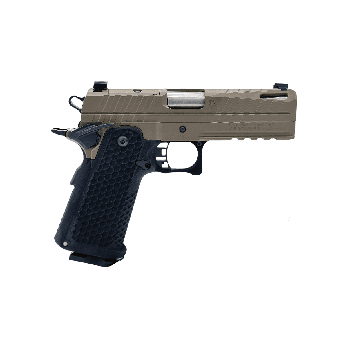 Live Free Armory LFAPC71302 Apollo 11 Compact Frame 9mm Luger 17+1 4.15" Stainless Match Grade Bull Barrel, Elite FDE Cerakote Optic Cut/Serrated Stainless Steel Slide, Elite FDE Cerakote Steel Frame w/Beavertail & Picatinny Rail Live Free Armory LFAPC71302 Apollo 11 Compact Frame 9mm Luger 17+1 4.15" Stainless Match Grade Bull Barrel, Elite FDE Cerakote Optic Cut/Serrated Stainless Steel Slide, Elite FDE Cerakote Steel Frame w/Beavertail & Picatinny Rail