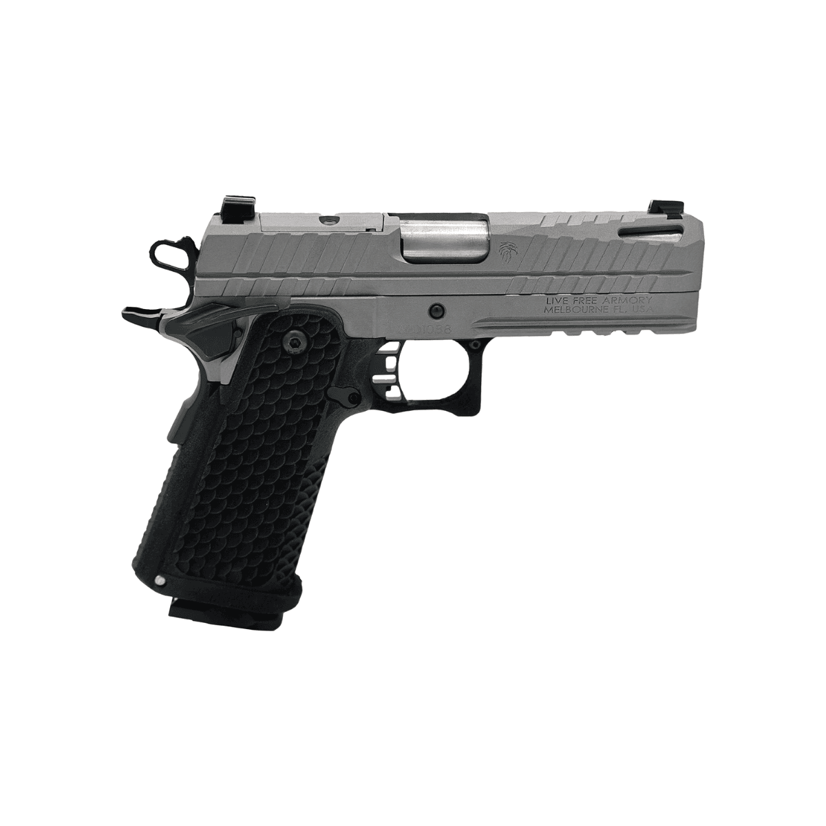 Live Free Armory LFAPC81303 Apollo 11 Compact Frame 9mm Luger 17+1 4.15" Stainless Match Grade Bull Barrel, Elite Gray Cerakote Optic Cut/Serrated Stainless Steel Slide, Elite Gray Cerakote Steel Frame w/Beavertail & Picatinny Rail Live Free Armory LFAPC81303 Apollo 11 Compact Frame 9mm Luger 17+1 4.15" Stainless Match Grade Bull Barrel, Elite Gray Cerakote Optic Cut/Serrated Stainless Steel Slide, Elite Gray Cerakote Steel Frame w/Beavertail & Picatinny Rail