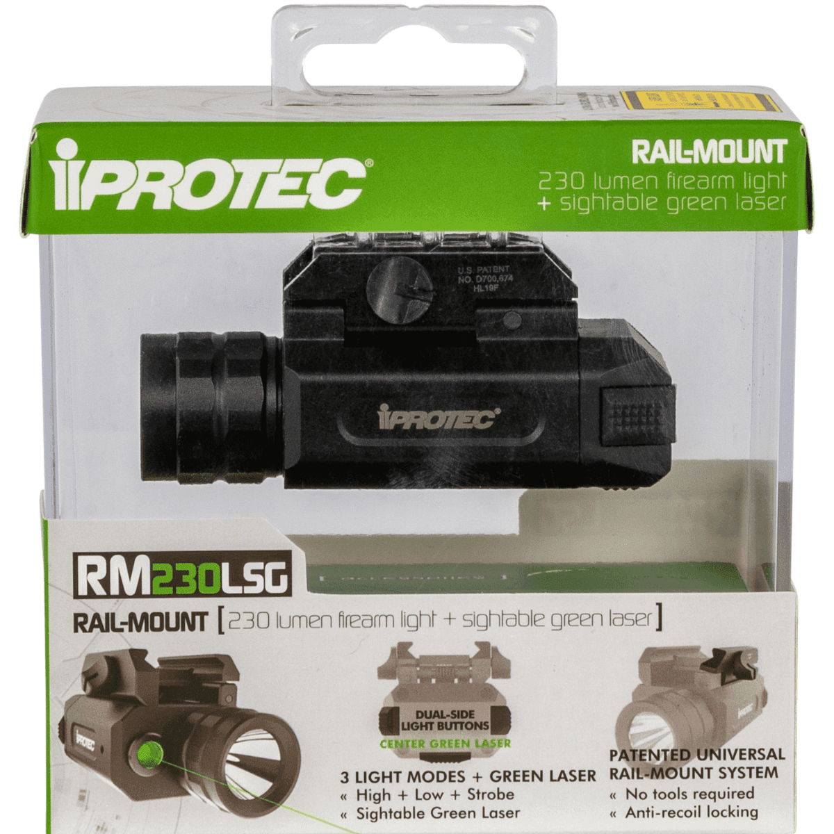 iProtec 6567 RM230LSG Rail-Mount Firearm Light & Laser Black Anodized 46/230 Lumens White Light Cree LED Green Laser iProtec 6567 RM230LSG Rail-Mount Firearm Light & Laser Black Anodized 46/230 Lumens White Light Cree LED Green Laser