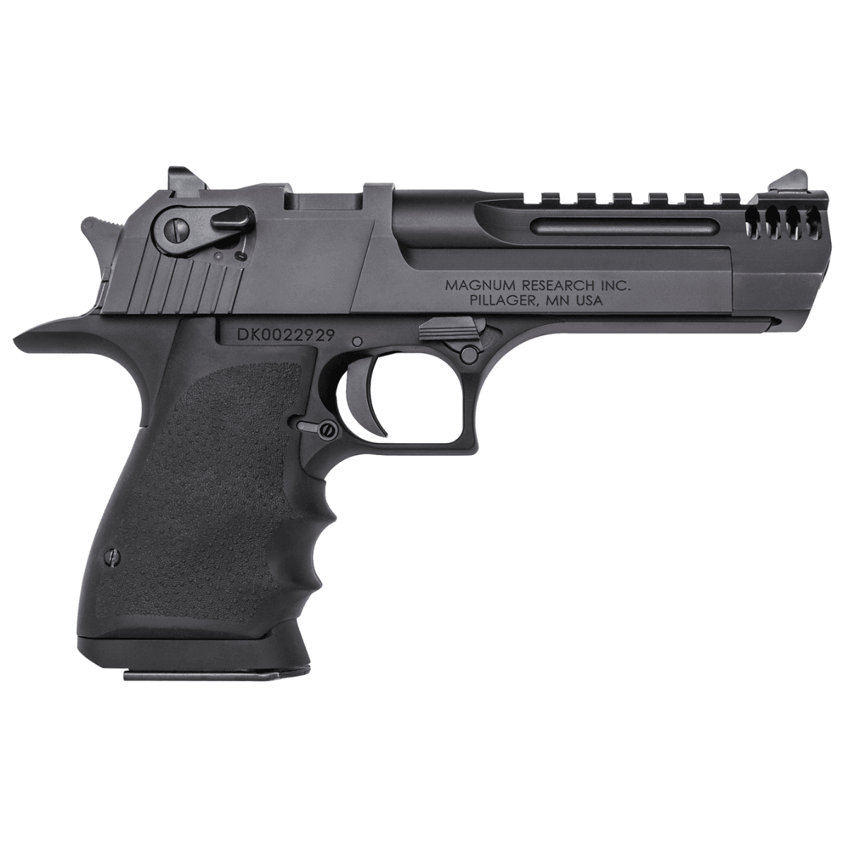 Magnum Research DE50L5IMB Desert Eagle L5 50 AE 7+1, 5" Black Steel w/Integral Muzzle Brake & Picatinny Rail Barrel, Black Serrated Carbon Steel Slide, Black Anodized Aluminum Frame w/Beavertail, Black Hogue Finger Groove Grip, Ambidextrous Safety Magnum Research DE50L5IMB Desert Eagle L5 50 AE 7+1, 5" Black Steel w/Integral Muzzle Brake & Picatinny Rail Barrel, Black Serrated Carbon Steel Slide, Black Anodized Aluminum Frame w/Beavertail, Black Hogue Finger Groove Grip, Ambidextrous Safety