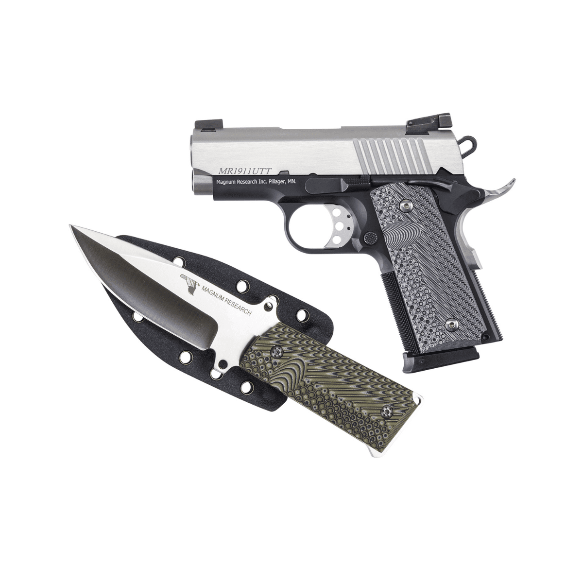 Magnum Research DE1911UTTK 1911U w/Knife 45 ACP 6+1, 3" Stainless Steel Bull Barrel, Serrated Stainless Steel Slide, Two-Tone w/Black Finish Aluminum Frame w/Beavertail, Black/Gray G10 Grip, Extended Thumb Safety, Right Hand Magnum Research DE1911UTTK 1911U w/Knife 45 ACP 6+1, 3" Stainless Steel Bull Barrel, Serrated Stainless Steel Slide, Two-Tone w/Black Finish Aluminum Frame w/Beavertail, Black/Gray G10 Grip, Extended Thumb Safety, Right Hand