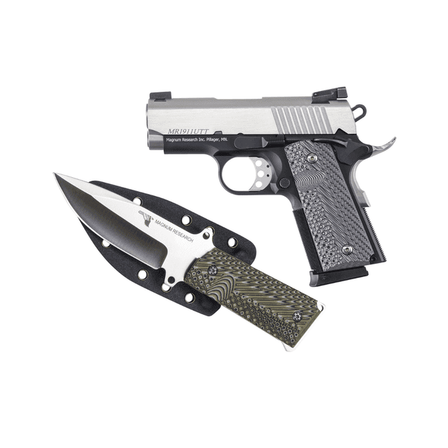 Magnum Research DE1911UTTK 1911U w/Knife 45 ACP 6+1, 3" Stainless Steel Bull Barrel, Serrated Stainless Steel Slide, Two-Tone w/Black Finish Aluminum Frame w/Beavertail, Black/Gray G10 Grip, Extended Thumb Safety, Right Hand Magnum Research DE1911UTTK 1911U w/Knife 45 ACP 6+1, 3" Stainless Steel Bull Barrel, Serrated Stainless Steel Slide, Two-Tone w/Black Finish Aluminum Frame w/Beavertail, Black/Gray G10 Grip, Extended Thumb Safety, Right Hand