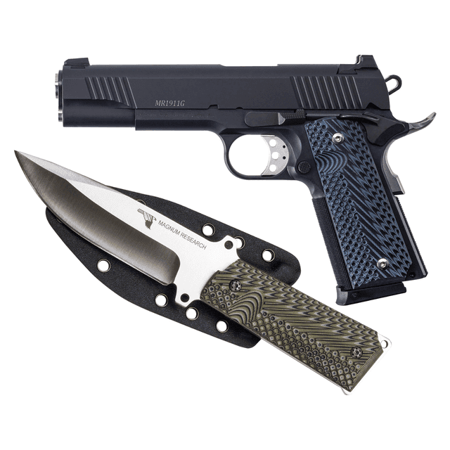 Magnum Research DE1911G9K 1911G w/Knife 9mm Luger 8+1, 5" Black Steel Bull Barrel, Black Serrated Carbon Steel Slide, Black Carbon Steel Frame w/Checkered Front Strap & Beavertail, Black/Gray G10 Grip, Beavertail Grip/Manual Thumb Safety Magnum Research DE1911G9K 1911G w/Knife 9mm Luger 8+1, 5" Black Steel Bull Barrel, Black Serrated Carbon Steel Slide, Black Carbon Steel Frame w/Checkered Front Strap & Beavertail, Black/Gray G10 Grip, Beavertail Grip/Manual Thumb Safety