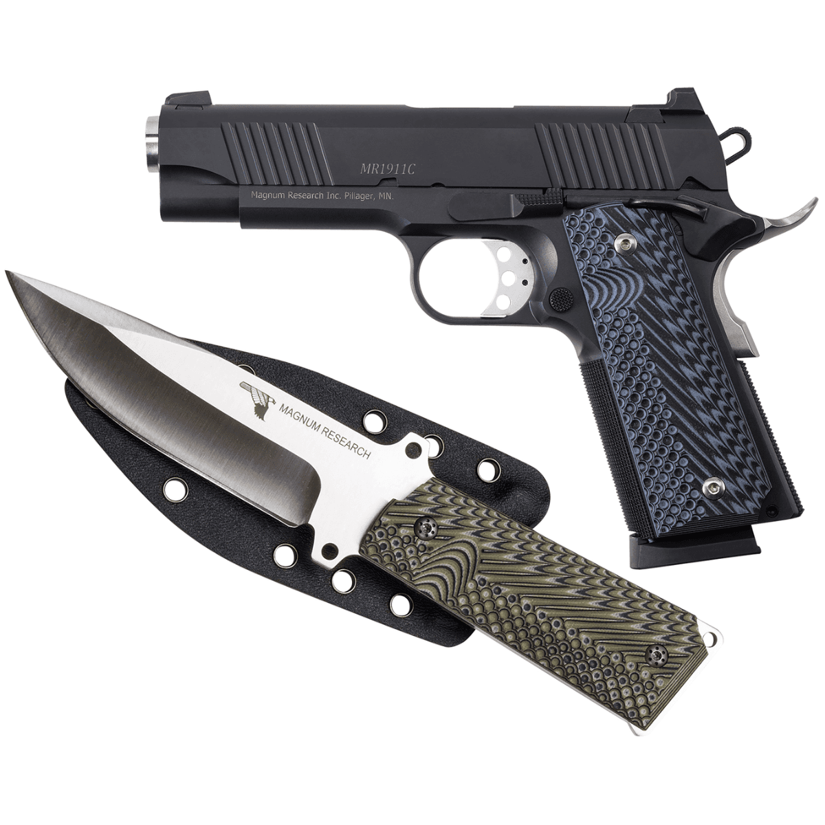 Magnum Research DE1911C9K 1911C w/Knife 9mm Luger 8+1, 4.33" Black Steel Bull Barrel, Black Serrated Carbon Steel Slide, Black Carbon Steel Frame w/Checkered Front Strap & Beavertail, Black/Gray G10 Grip Beavertail Grip/Manual Thumb Safety Magnum Research DE1911C9K 1911C w/Knife 9mm Luger 8+1, 4.33" Black Steel Bull Barrel, Black Serrated Carbon Steel Slide, Black Carbon Steel Frame w/Checkered Front Strap & Beavertail, Black/Gray G10 Grip Beavertail Grip/Manual Thumb Safety