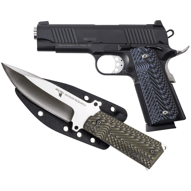 Magnum Research DE1911C9K 1911C w/Knife 9mm Luger 8+1, 4.33" Black Steel Bull Barrel, Black Serrated Carbon Steel Slide, Black Carbon Steel Frame w/Checkered Front Strap & Beavertail, Black/Gray G10 Grip Beavertail Grip/Manual Thumb Safety Magnum Research DE1911C9K 1911C w/Knife 9mm Luger 8+1, 4.33" Black Steel Bull Barrel, Black Serrated Carbon Steel Slide, Black Carbon Steel Frame w/Checkered Front Strap & Beavertail, Black/Gray G10 Grip Beavertail Grip/Manual Thumb Safety