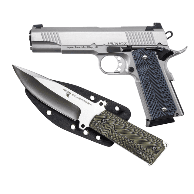 Magnum Research DE1911G9SSK 1911G w/Knife 9mm Luger 8+1, 5" Stainless Steel Bull Barrel, Stainless Serrated Steel Slide, Stainless Steel Frame w/Checkered Front Strap & Beavertail, Black/Gray G10 Grip, Beavertail Grip/Manual Thumb Safety Magnum Research DE1911G9SSK 1911G w/Knife 9mm Luger 8+1, 5" Stainless Steel Bull Barrel, Stainless Serrated Steel Slide, Stainless Steel Frame w/Checkered Front Strap & Beavertail, Black/Gray G10 Grip, Beavertail Grip/Manual Thumb Safety
