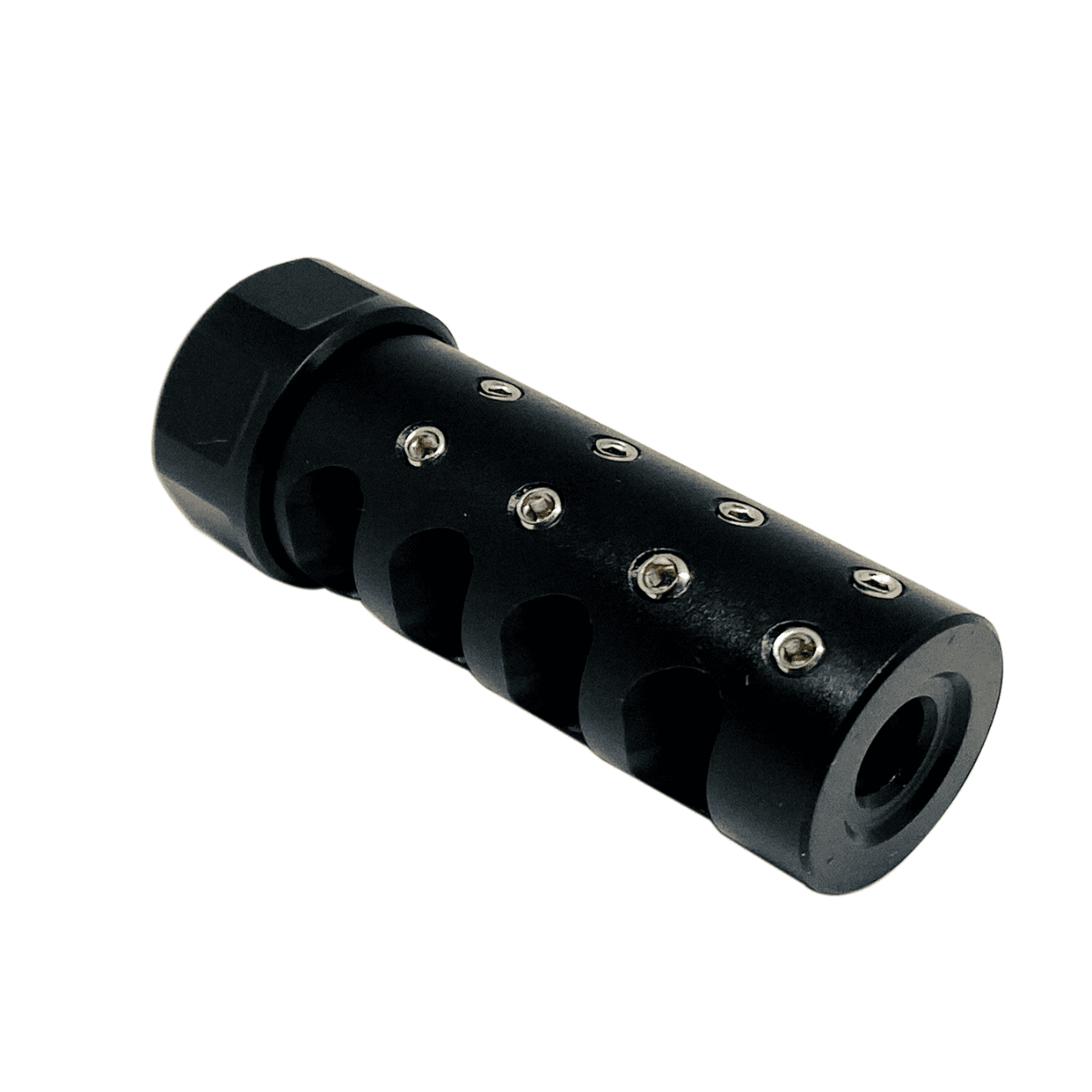 American Precision Arms G3A1265N The Answer Gen 3 Micro Bastard Brake Black Nitride Stainless Steel with 1/2"-28 tpi Threads, 2.20" OAL & .600"-.750" Diameter for 6.5 Cal AR-Platform & Hunting Rifles American Precision Arms G3A1265N The Answer Gen 3 Micro Bastard Brake Black Nitride Stainless Steel with 1/2"-28 tpi Threads, 2.20" OAL & .600"-.750" Diameter for 6.5 Cal AR-Platform & Hunting Rifles