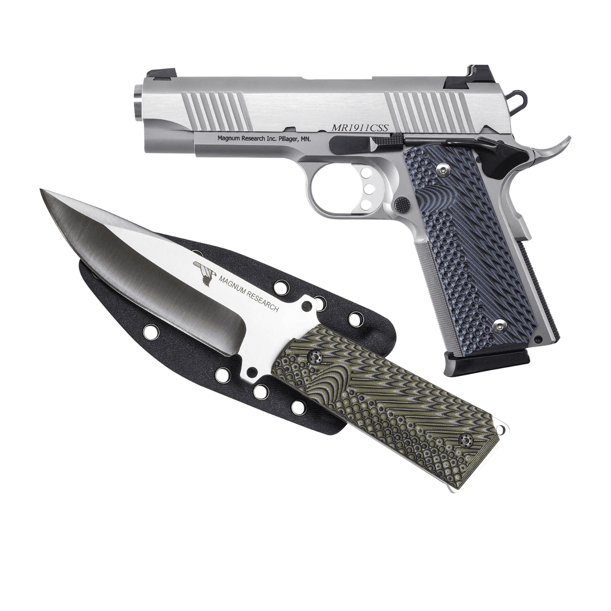 Magnum Research DE1911C9SSK 1911C w/Knife 9mm Luger 8+1, 4.33" Stainless Steel Bull Barrel, Stainless Serrated Steel Slide, Stainless Steel Frame w/Checkered Front Strap & Beavertail, Black/Gray G10 Grip, Beavertail Grip/Manual Thumb Safety Magnum Research DE1911C9SSK 1911C w/Knife 9mm Luger 8+1, 4.33" Stainless Steel Bull Barrel, Stainless Serrated Steel Slide, Stainless Steel Frame w/Checkered Front Strap & Beavertail, Black/Gray G10 Grip, Beavertail Grip/Manual Thumb Safety