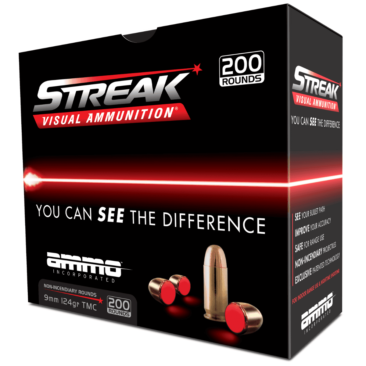 Ammo Inc Streak Visual (RED) 9mm Luger Total Metal Jacket 124 grain, 20 Per Box - 9124TMCSTRKRED Ammo Inc Streak Visual (RED) 9mm Luger Total Metal Jacket 124 grain, 20 Per Box - 9124TMCSTRKRED