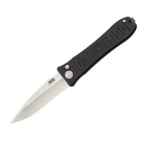 SOG Spec Elite I Auto Knife 3.5" Plain Clip Point AUS-8 Stainless Steel Satin Blade Aluminum Handles Black SOG Spec Elite I Auto Knife 3.5" Plain Clip Point AUS-8 Stainless Steel Satin Blade Aluminum Handles Black