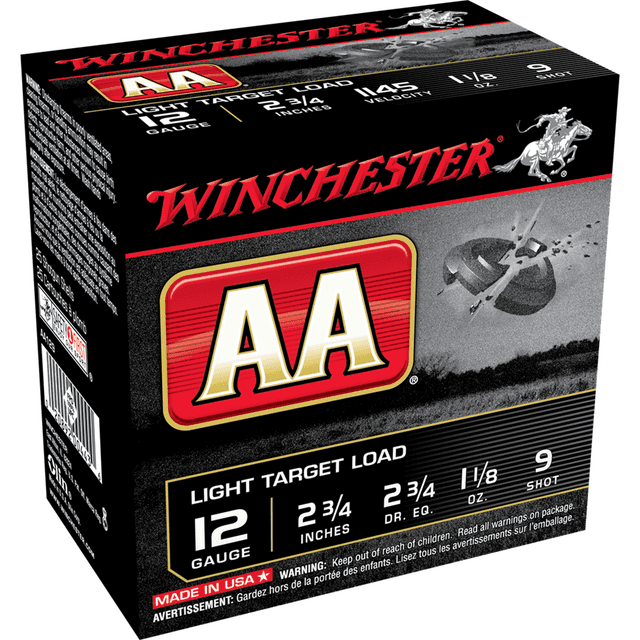 Winchester AA129 AA Light Target 12 Gauge 2.75" 1 1/8 oz 9 Shot 25 round box Winchester AA129 AA Light Target 12 Gauge 2.75" 1 1/8 oz 9 Shot 25 round box