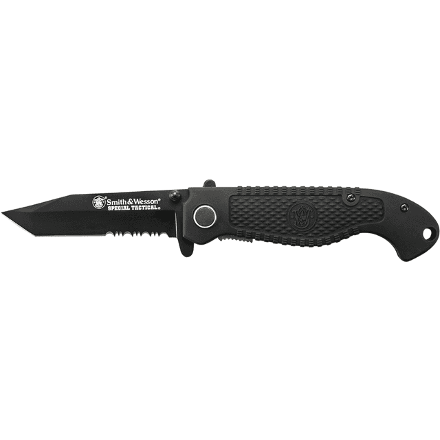 Smith & Wesson Special Tactical 3.50" Black Folding Knife, 4.60'' Stainless Steel Part Serrated Blade - CKTACBSCP Smith & Wesson Special Tactical 3.50" Black Folding Knife, 4.60'' Stainless Steel Part Serrated Blade - CKTACBSCP